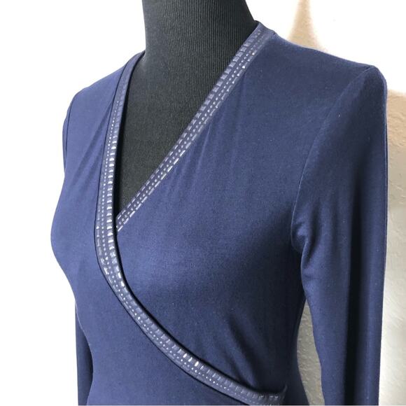 Cache navy blue metallic studded trim faux wrap sheath dress size Medium - Picture 5 of 16